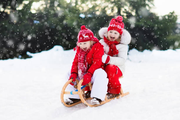 Kids on sleigh. Children sled. Winter snow fun. Little girl and boy enjoy a sleigh ride. Child sledding. Toddler kid riding a sledge. Children play outdoors in snow. Kids sled in Alps mountains in winter. Outdoor fun for family Christmas vacation. animal sleigh photos stock pictures, royalty-free photos & images