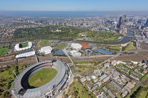 Aerial view of Jolimont, looking south-west over Melbourne Park to Kings Domain