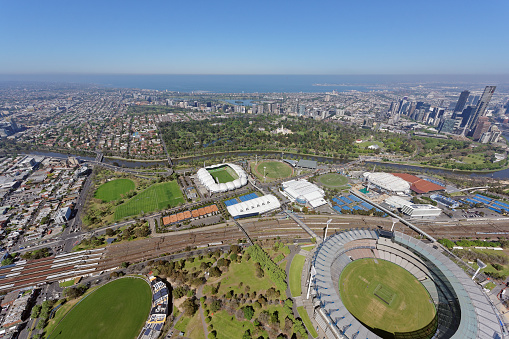 Aerial view of Melbourne Park, looking south-west to Kings Domain