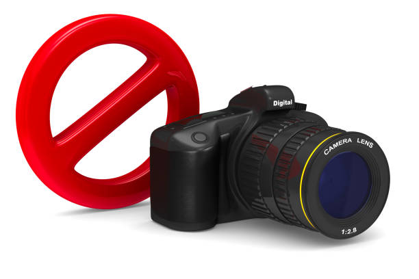 digital camera and forbidden sign on white background. Isolated 3D illustration