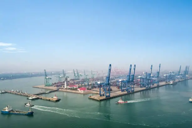 aerial view of container terminal in port of tianjin, busy modern logistics harbor