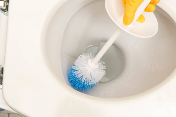 istock Yellow Gloved Hand Brushing Toilet Bowl Interior 869547846
