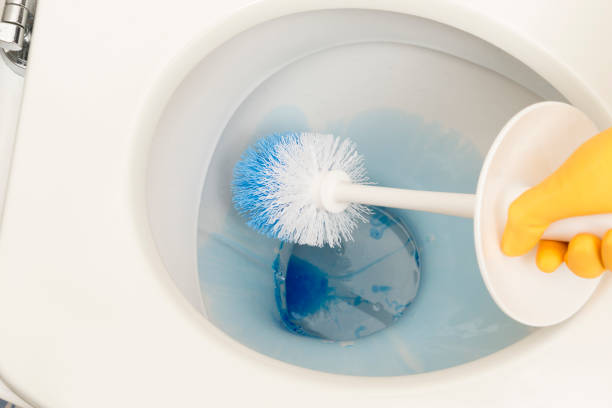 istock Hand Brushing Lavatory with Blue Detergent in Water Overhead View 869547858