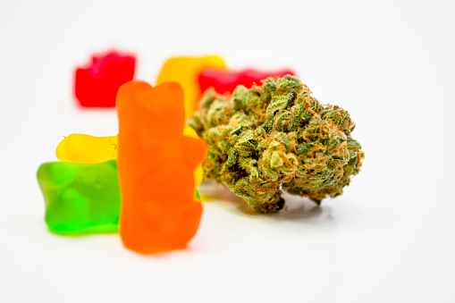 Marijuana and gummy bears together on white
