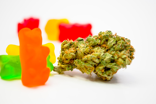 Marijuana and gummy bears together on white
