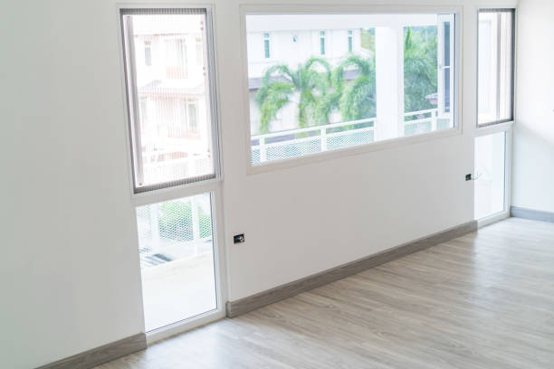 Window Upvc in minimal loft design white room stock photo