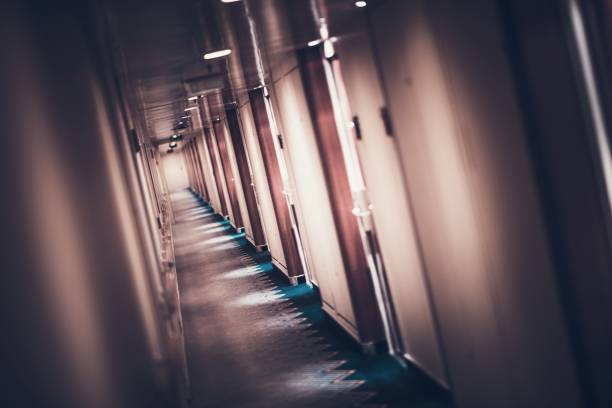Cruise Ship Staterooms Hallway. Sea Travel Theme.