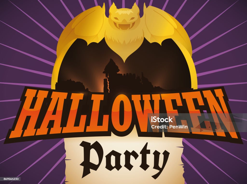 Golden Bat With Castle View And Scroll For Halloween Party Stock  Illustration - Download Image Now - iStock
