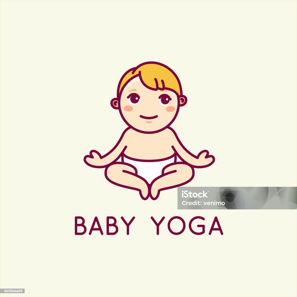 Vector logo design template in cartoon flat linear style - little smiling baby doing yoga Vector logo design template in cartoon flat linear style - little smiling baby doing yoga - love and care concept -  emblem, mascot, sticker or badge for kids activity class Emoticon stock vector