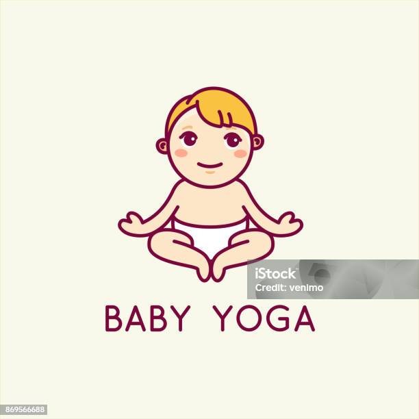 Vector Logo Design Template In Cartoon Flat Linear Style Little Smiling Baby Doing Yoga Stock Illustration - Download Image Now