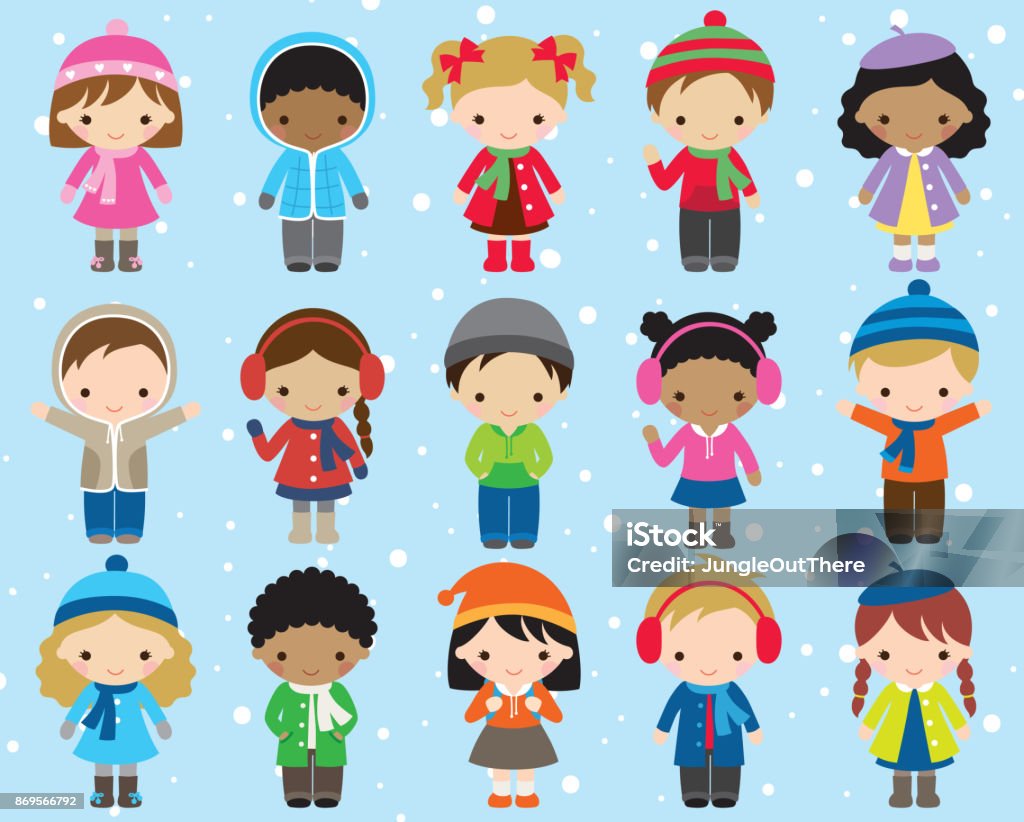 Winter Kids Children Vector Cute kids children in winter dress vector illustration. Boy and girl in colorful winter outfit. Child stock vector