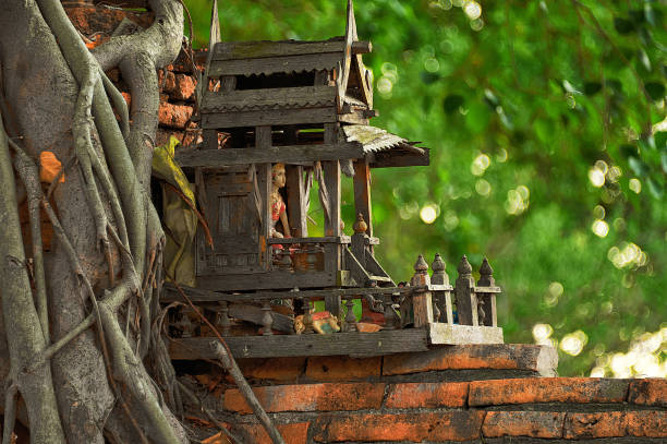 Miniature house for guardian spirit. A dedicated structure to honour the guardians of the land that is found in the Southeast Asian countries of Burma, Cambodia, Laos, and Thailand.