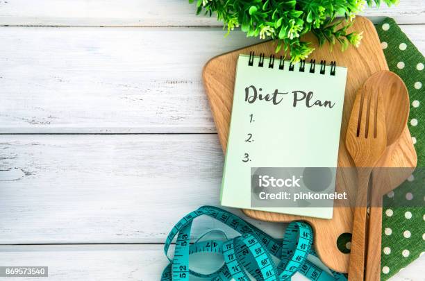The Notepad With Diet Plan List Text On Chopping Board With Wooden Fork And Spoon And Measuring Tape On White Table Recipes Food Or Diet Plan For Healthy Habits Shot Note Background Concept Stock Photo - Download Image Now