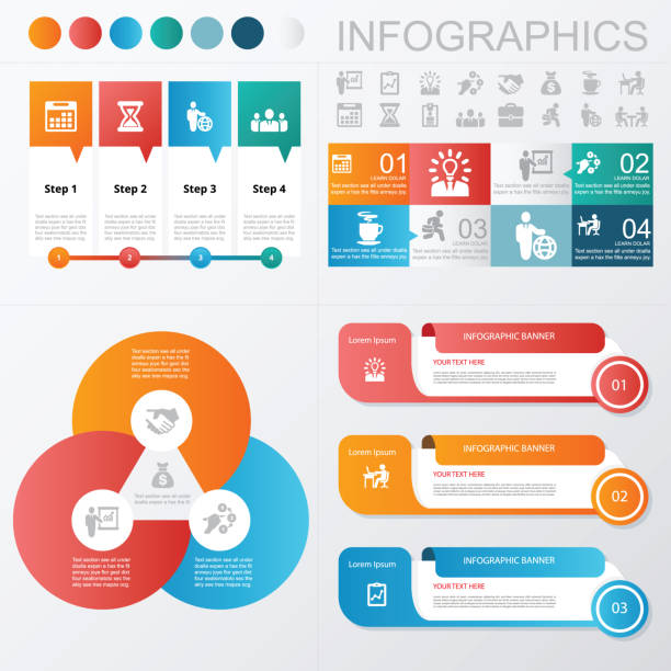 ilustraciones, imágenes clip art, dibujos animados e iconos de stock de infografías negocios y los iconos de la bandera - three objects arrow sign circle chart