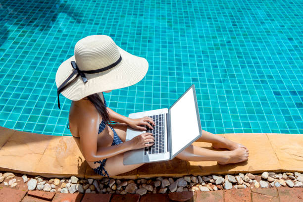 istock Woman bikini using laptop computer blank screen at swimming pool in resort edge with hat, sunglasses fashion 869573714