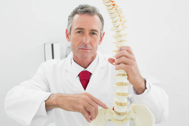 istock Confident male doctor explaining spine in office 869574012