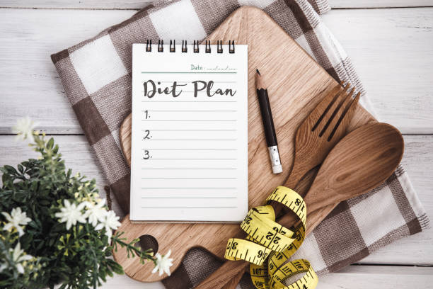 istock Line Notepad with Diet Plan list text  on chopping board with wooden fork and spoon and the  measuring tape on white table , recipes food or diet plan for healthy habits shot note background concept 869576962