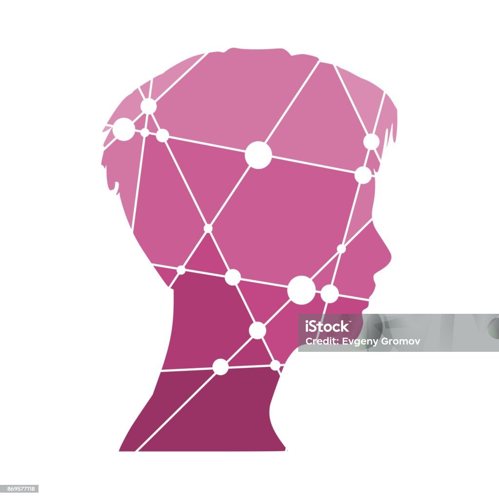 Silhouette of a woman's head Profile of the head of a woman. Scientific medical design. Molecule and communication style design of the icon. Connected lines with dots. Icon Symbol stock vector