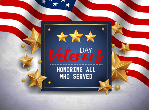istock Veterans day greeting illustration. Navy blue plate with lettering on patriotic background. Vector 869577512