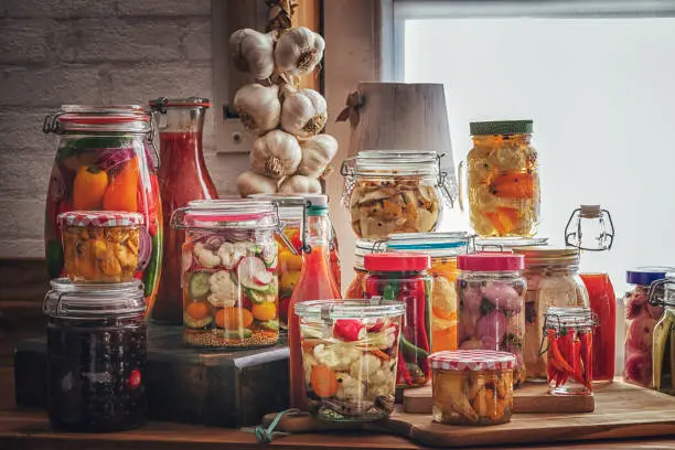 Preserving organic vegetables in jars like carrots, cucumbers, tomatoes, mushrooms, red onions and bok choy.