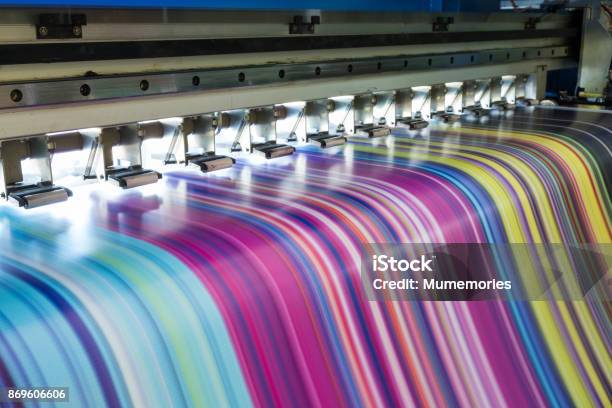 Large Inkjet Printer Working Multicolor On Vinyl Banner Stock Photo - Download Image Now