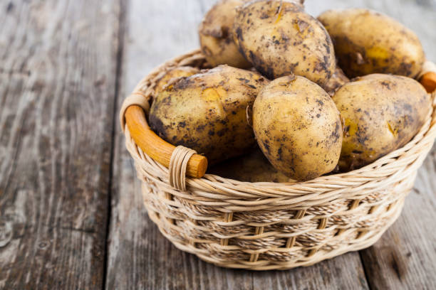 istock Raw potatoes  in a basket 869606808