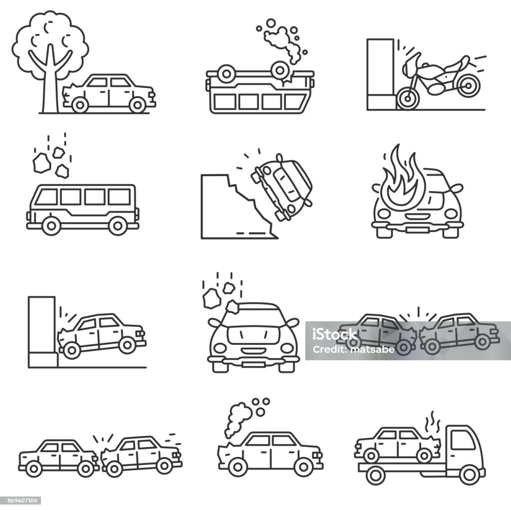 Car crashes icons set. Editable stroke Car crashes icons set. Transportation accidents, thin line design. Collision and breaking of road transport. isolated symbols collection. Car Accident stock vector