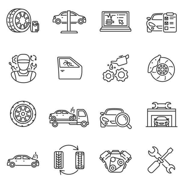 Vehicle service icons set. Editable stroke Vehicle service icons set. Automobile repair shop, thin line design. Car maintenance. isolated symbols collection tire vehicle part stock illustrations