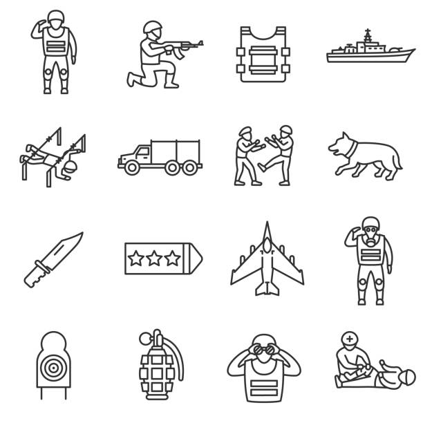 ilustrações, clipart, desenhos animados e ícones de exército, ícones da linha de conjunto. curso editável - birthplace