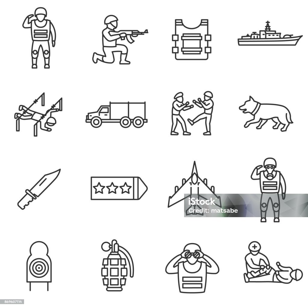 Army, line icons set. Editable stroke Army, line icons set. Military service, symbols collection. Servicemen. Training and preparation of soldiers, vector linear illustration Armed Forces stock vector