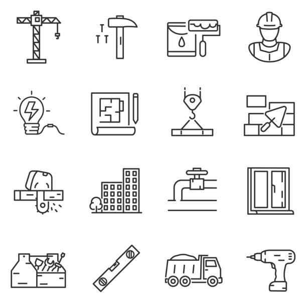ilustrações, clipart, desenhos animados e ícones de ícones de construção de construção definido. curso editável - maintenance engineer work tool hammer instrument of measurement
