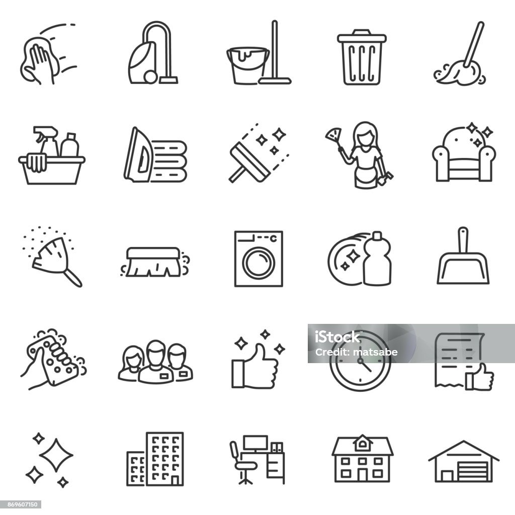 Cleaning service, icon set. Editable stroke Cleaning service, icon set, services for cleaning and laundry in various rooms. Icons for the website.Line with editable stroke Icon Symbol stock vector