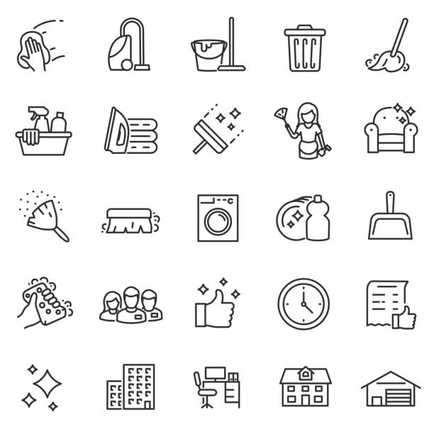 Cleaning service, icon set. Editable stroke Cleaning service, icon set, services for cleaning and laundry in various rooms. Icons for the website.Line with editable stroke clean stock illustrations