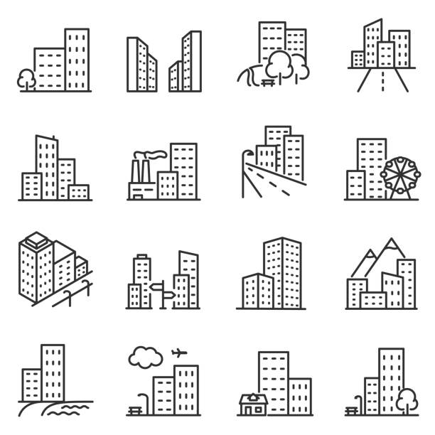 illustrazioni stock, clip art, cartoni animati e icone di tendenza di città ed edifici urbani, un insieme di icone in un design lineare. tratto modificabile - cittadina immagine