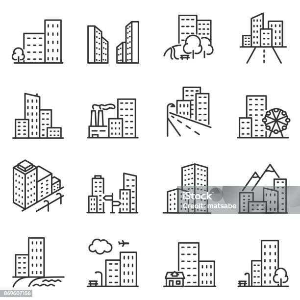 Cities And City Buildings A Set Of Icons In A Linear Design Editable Stroke Stock Illustration - Download Image Now