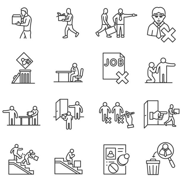 Dismissal from work icons set. Editable stroke Dismissal from work icons set. Termination of employment, thin line design. Employee departure from a job. isolated symbols collection rejection icon stock illustrations