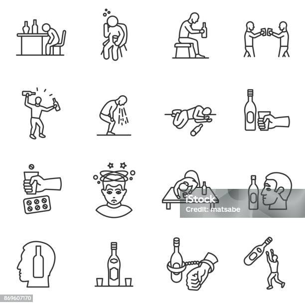 Alcoholism Drunkenness Icons Set Editable Stroke Stock Illustration - Download Image Now - Icon Symbol, Drunk, Alcohol Abuse