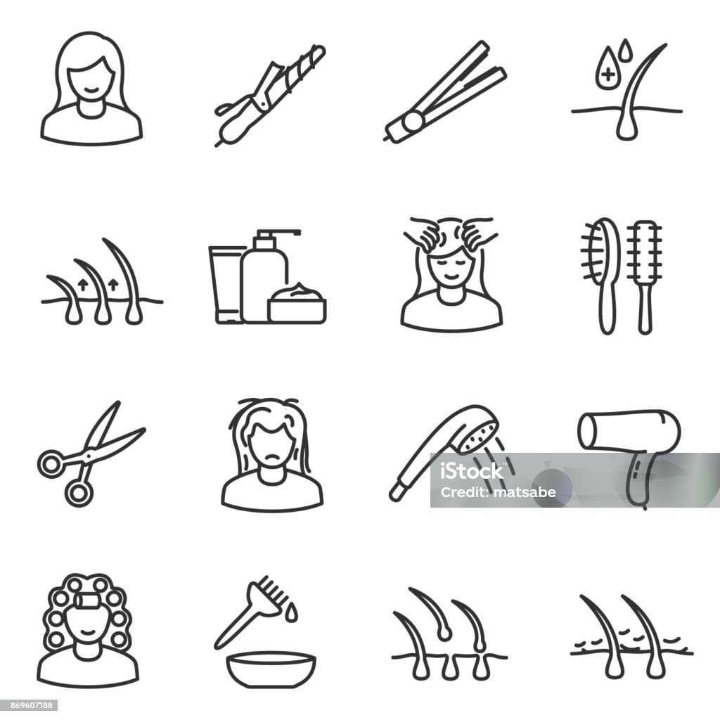 Hair care, icon set. Editable stroke Hair care, icon set. Linear design.line with editable stroke.Collection of icons Icon Symbol stock vector