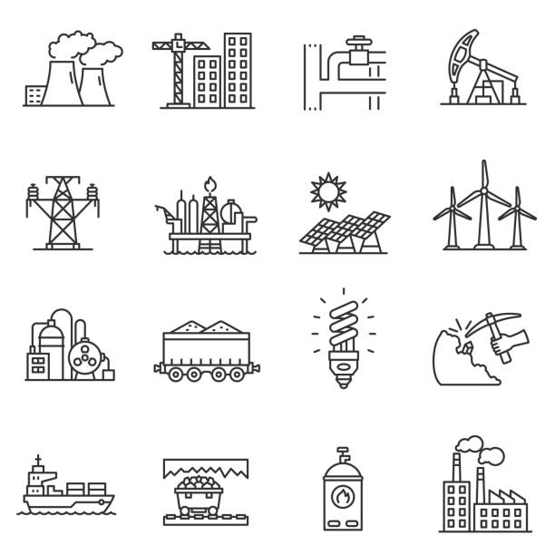 Industry icons set. Editable stroke Industry icons set. different kinds enterprise, thin line design. linear symbols collection nature russia environmental conservation mineral stock illustrations
