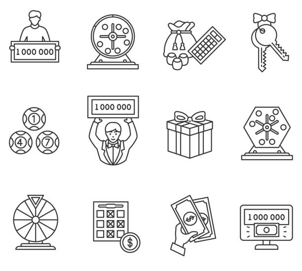 Lottery icons set. Editable stroke Lottery icons set. Winning lotto, thin line design. The prize in gambling, linear symbols collection. man presenting white background stock illustrations