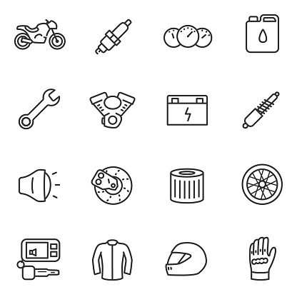 Motorcycles, collection of icons in a linear style. Details and attributes for riding a motorcycle. Line with editable stroke.