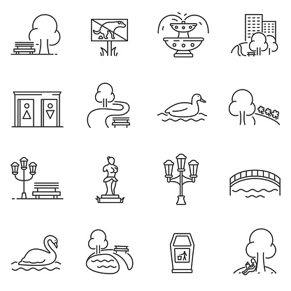 City park icons set. The open plot of land for recreation, thin line design. isolated symbols collection