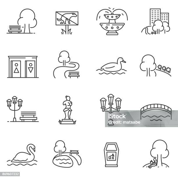 City Park Icons Set Editable Stroke Stock Illustration - Download Image Now - Icon Symbol, Public Park, Footpath