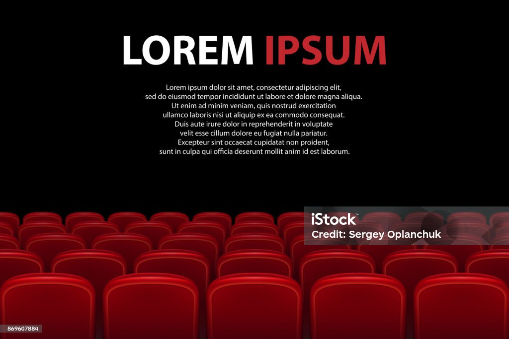 Empty movie theater auditorium with red seats. Rows of red cinema seats with black screen with sample text background. Vector illustration Empty movie theater auditorium with red seats. Rows of red cinema seats with black screen with sample text background. Vector illustration EPS 10. Movie Theater stock vector