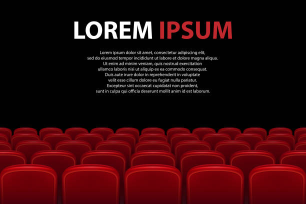 Empty movie theater auditorium with red seats. Rows of red cinema seats with black screen with sample text background. Vector illustration Empty movie theater auditorium with red seats. Rows of red cinema seats with black screen with sample text background. Vector illustration EPS 10. vehicle seat stock illustrations