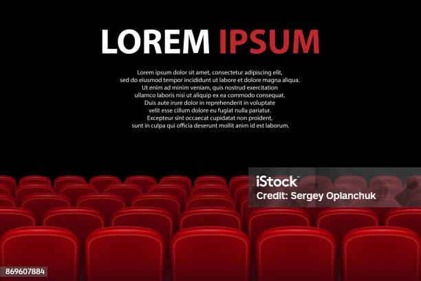 Empty Movie Theater Auditorium With Red Seats Rows Of Red Cinema Seats With Black Screen With Sample Text Background Vector Illustration Stock Illustration - Download Image Now