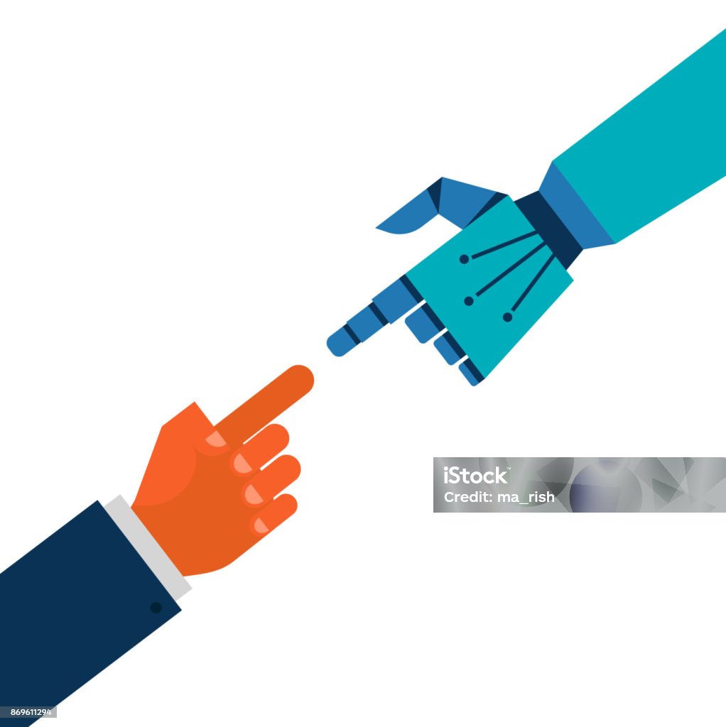 Robotic and human hands connection Robotic and human hands connection, communication concept illustration Robotic Arm stock vector