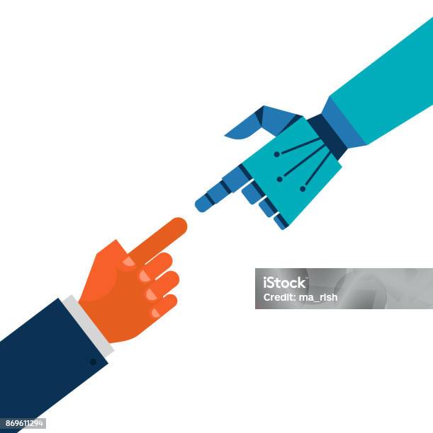 Robotic And Human Hands Connection Stock Illustration - Download Image Now - Robotic Arm, Robot, Hand