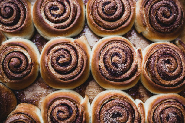 Cinnamon rolls on a tray after baking stock photo