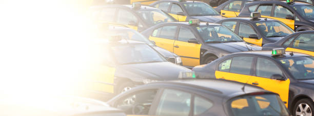 Vacant taxi parking. Long wide banner with solar effect